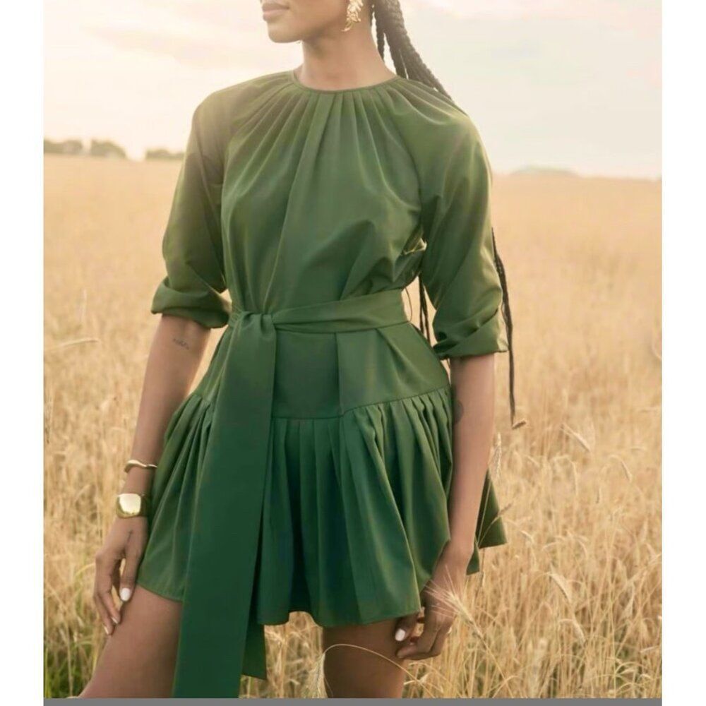 LDT Women Green Balloon Sleeve Pleated Skirt Mini Dress Size 2